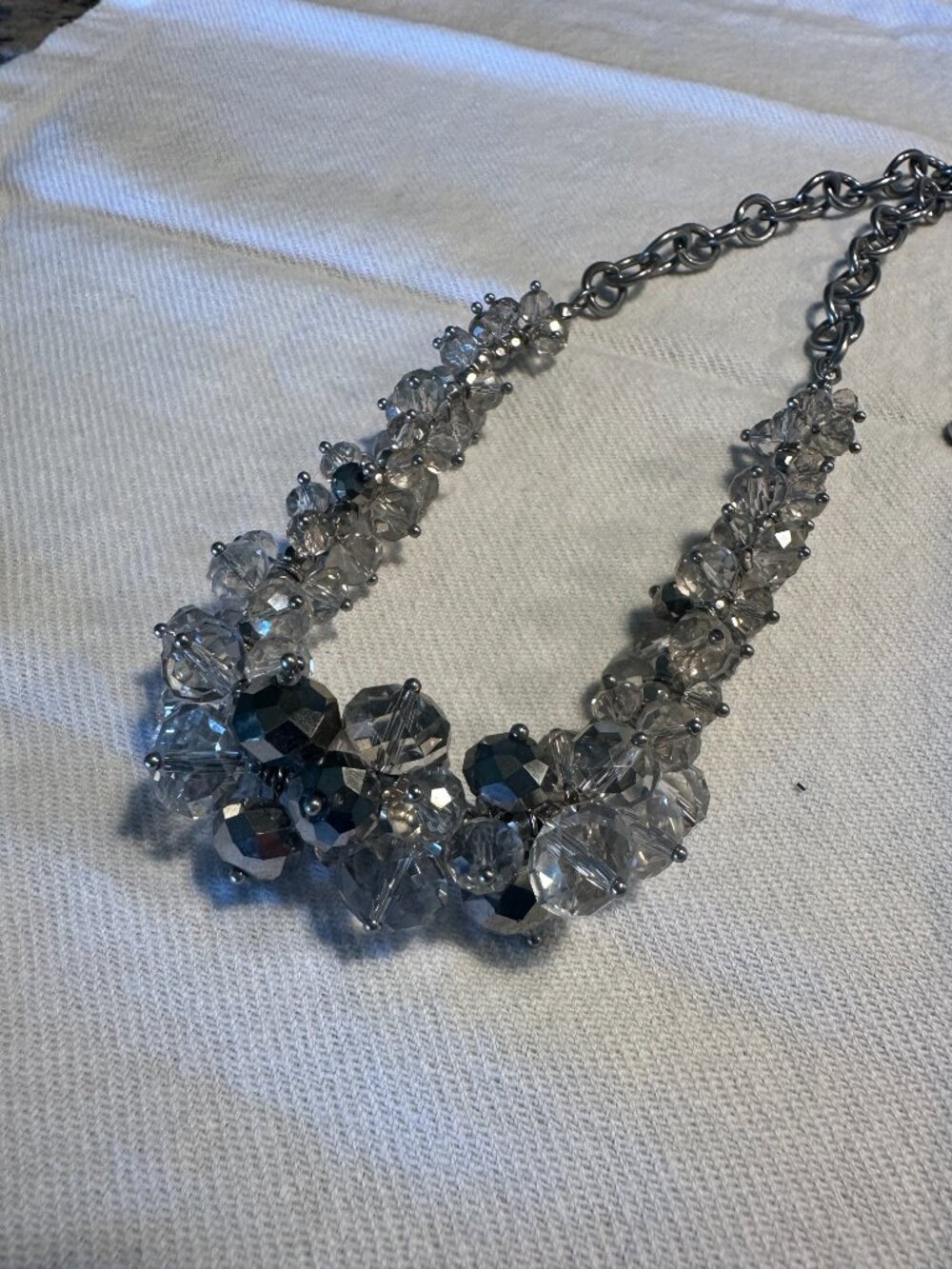 Silver Tone Chunky Statement Necklace with Faceted Crystal Beads